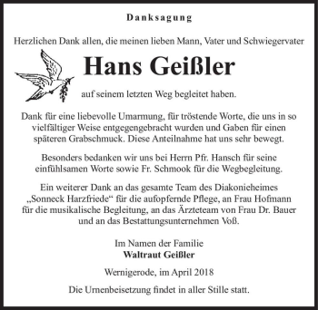 Traueranzeige von Hans Geißler  von Magdeburger Volksstimme