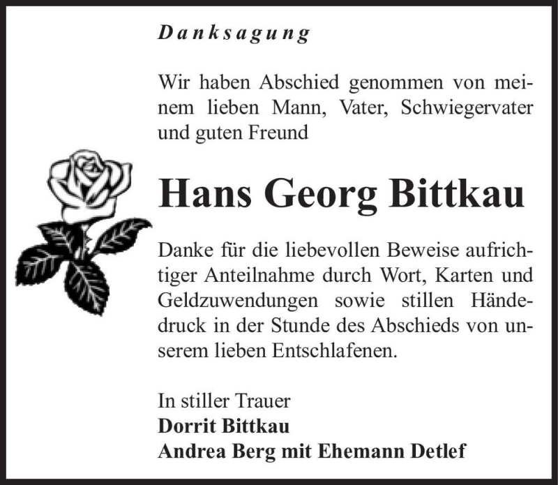  Traueranzeige für Hans Georg Bittkau  vom 21.08.2021 aus Magdeburger Volksstimme