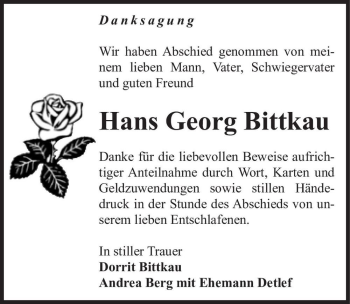 Traueranzeige von Hans Georg Bittkau  von Magdeburger Volksstimme