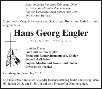 Traueranzeige von Hans Georg Engler  von Magdeburger Volksstimme