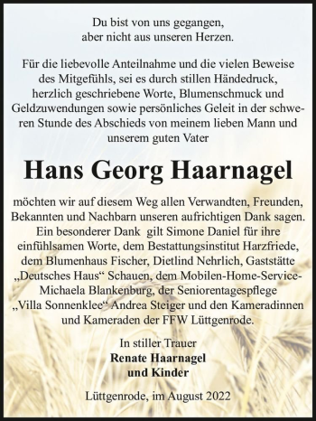 Traueranzeige von Hans Georg Haarnagel  von Magdeburger Volksstimme