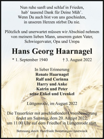 Traueranzeige von Hans Georg Haarnagel  von Magdeburger Volksstimme