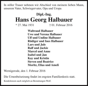 Traueranzeige von Hans Georg Halbauer  von Magdeburger Volksstimme