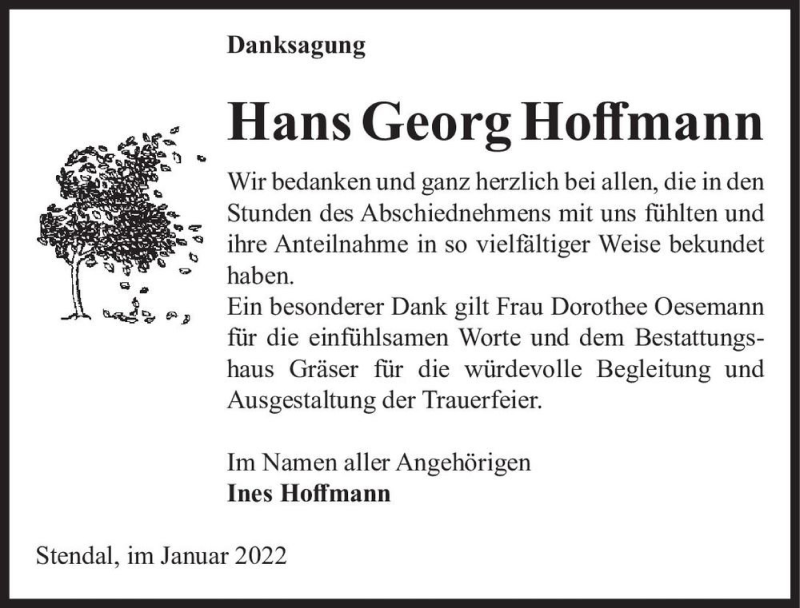  Traueranzeige für Hans Georg Hoffmann  vom 13.01.2022 aus Magdeburger Volksstimme
