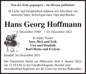 Traueranzeige von Hans Georg Hoffmann  von Magdeburger Volksstimme