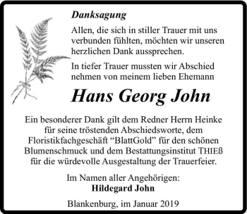 Traueranzeige von Hans Georg John  von Magdeburger Volksstimme