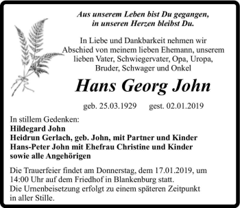 Traueranzeige von Hans Georg John  von Magdeburger Volksstimme