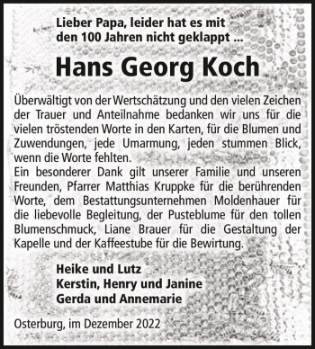 Traueranzeige von Hans Georg Koch  von Magdeburger Volksstimme