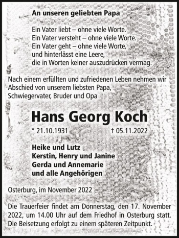Traueranzeige von Hans Georg Koch  von Magdeburger Volksstimme