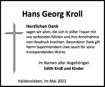 Traueranzeige von Hans Georg Kroll  von Magdeburger Volksstimme