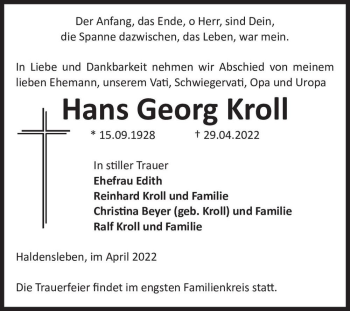 Traueranzeige von Hans Georg Kroll  von Magdeburger Volksstimme
