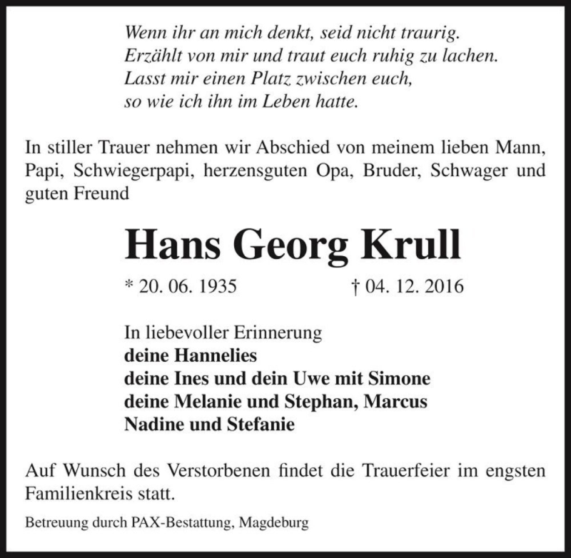  Traueranzeige für Hans Georg Krull  vom 10.12.2016 aus Magdeburger Volksstimme