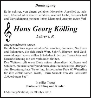 Traueranzeige von Hans Georg Kölling  von Magdeburger Volksstimme