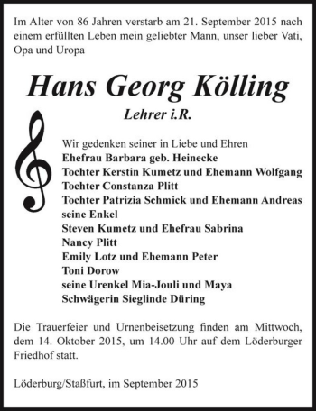 Traueranzeige von Hans Georg Kölling  von Magdeburger Volksstimme