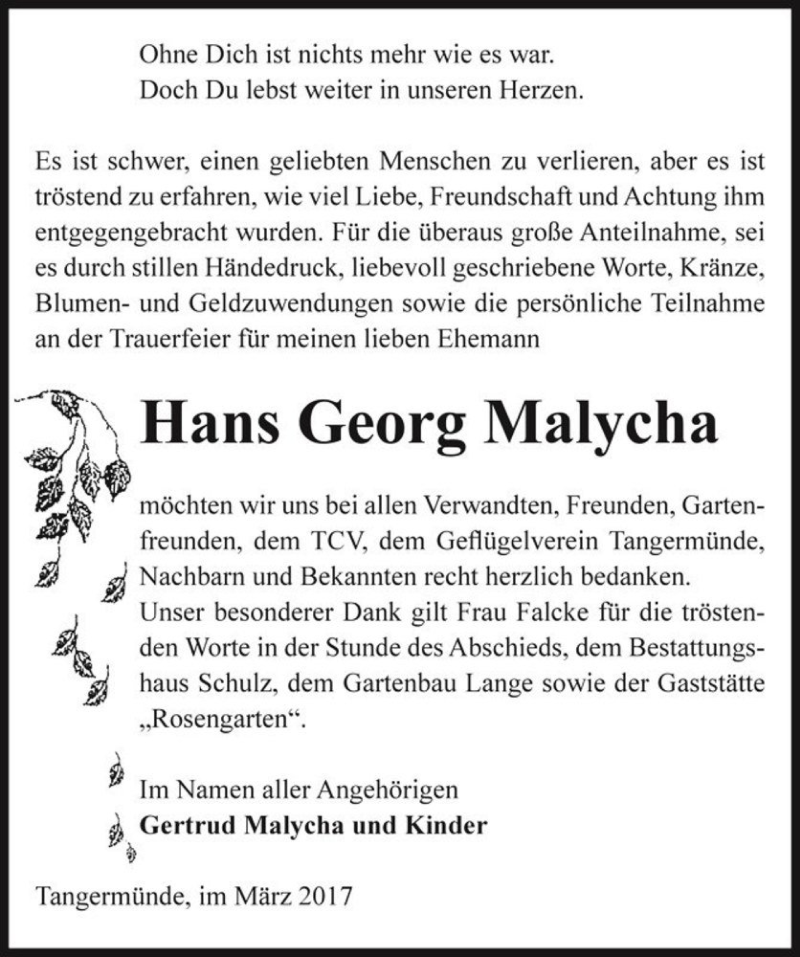  Traueranzeige für Hans Georg Malycha  vom 28.03.2017 aus Magdeburger Volksstimme