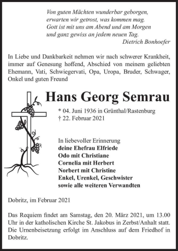Traueranzeige von Hans Georg Semrau  von Magdeburger Volksstimme