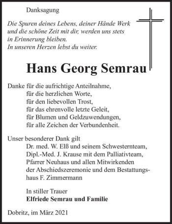 Traueranzeige von Hans Georg Semrau  von Magdeburger Volksstimme