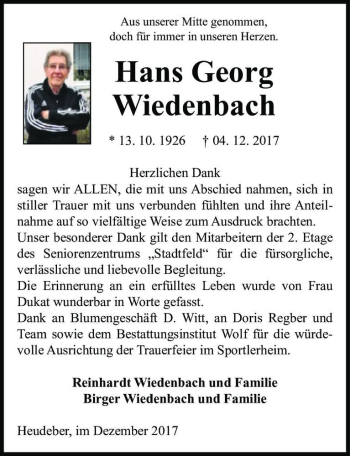 Traueranzeige von Hans Georg Wiedenbach  von Magdeburger Volksstimme