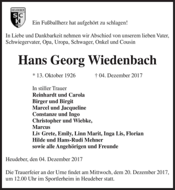 Traueranzeige von Hans Georg Wiedenbach  von Magdeburger Volksstimme