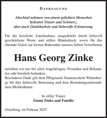 Traueranzeige von Hans Georg Zinke  von Magdeburger Volksstimme