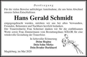 Traueranzeige von Hans Gerald Schmidt  von Magdeburger Volksstimme