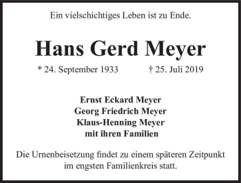 Traueranzeige von Hans Gerd Meyer  von Magdeburger Volksstimme