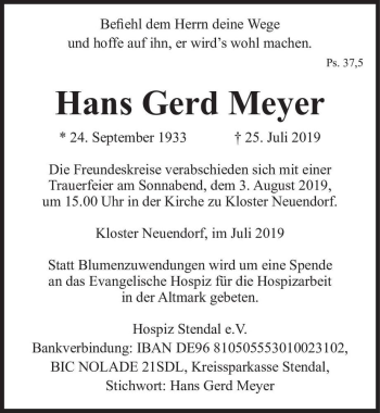 Traueranzeige von Hans Gerd Meyer  von Magdeburger Volksstimme