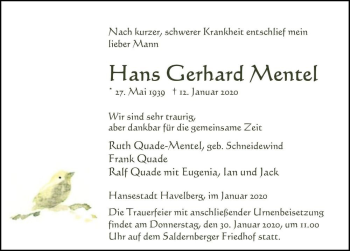 Traueranzeige von Hans Gerhard Mentel  von Magdeburger Volksstimme