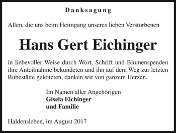 Traueranzeige von Hans Gert Eichinger  von Magdeburger Volksstimme