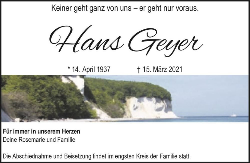  Traueranzeige für Hans Geyer  vom 20.03.2021 aus Magdeburger Volksstimme