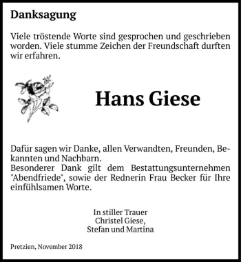 Traueranzeige von Hans Giese  von Magdeburger Volksstimme