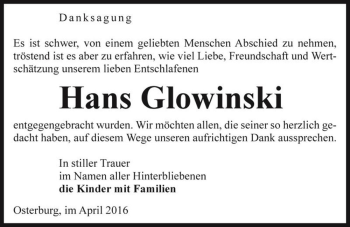 Traueranzeige von Hans Glowinski  von Magdeburger Volksstimme