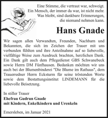 Traueranzeige von Hans Gnade  von Magdeburger Volksstimme
