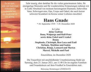 Traueranzeige von Hans Gnade  von Magdeburger Volksstimme