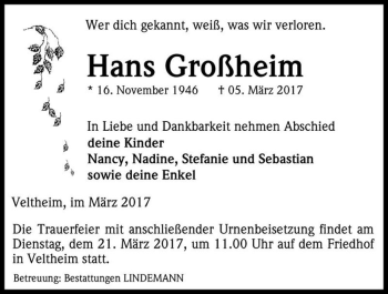 Traueranzeige von Hans Großheim  von Magdeburger Volksstimme