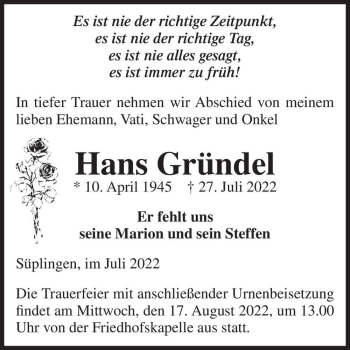 Traueranzeige von Hans Gründel  von Magdeburger Volksstimme