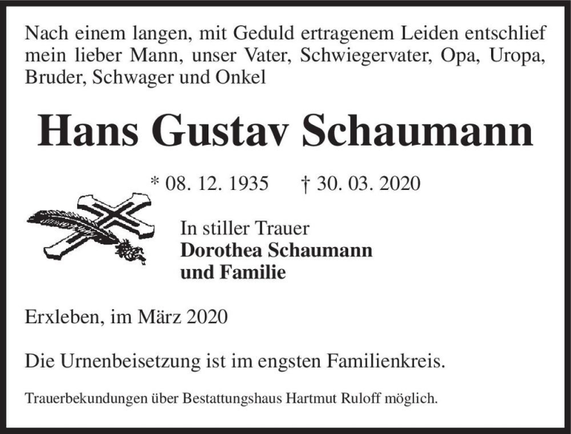  Traueranzeige für Hans Gustav Schaumann  vom 02.04.2020 aus Magdeburger Volksstimme