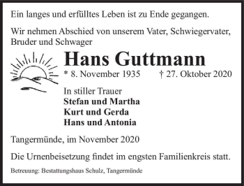 Traueranzeige von Hans Guttmann  von Magdeburger Volksstimme