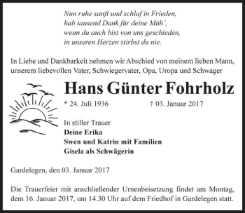 Traueranzeige von Hans Günter Fohrholz  von Magdeburger Volksstimme