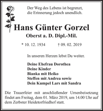 Traueranzeige von Hans Günter Gorzel  von Magdeburger Volksstimme