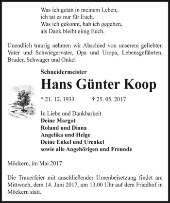 Traueranzeige von Hans Günter Koop  von Magdeburger Volksstimme