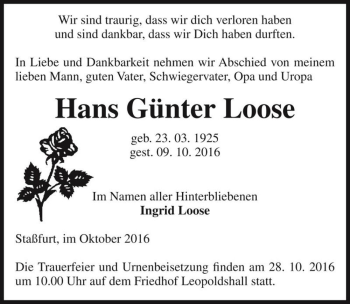 Traueranzeige von Hans Günter Loose  von Magdeburger Volksstimme