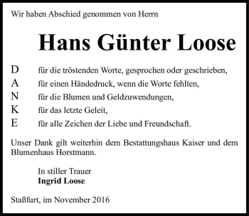 Traueranzeige von Hans Günter Loose  von Magdeburger Volksstimme