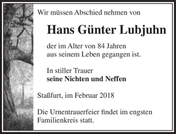 Traueranzeige von Hans Günter Lubjuhn  von Magdeburger Volksstimme