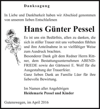 Traueranzeige von Hans Günter Pessel  von Magdeburger Volksstimme