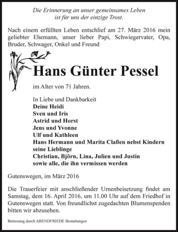 Traueranzeige von Hans Günter Pessel  von Magdeburger Volksstimme
