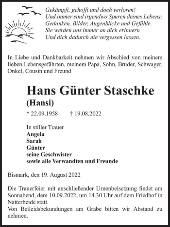 Traueranzeige von Hans Günter Staschke (Hansi)  von Magdeburger Volksstimme