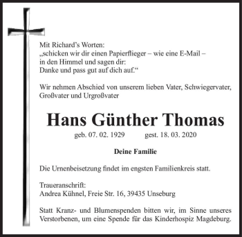 Traueranzeige von Hans Günther Thomas  von Magdeburger Volksstimme