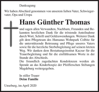 Traueranzeige von Hans Günther Thomas  von Magdeburger Volksstimme