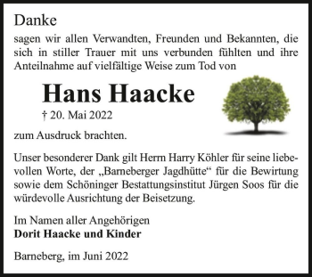 Traueranzeige von Hans Haacke  von Magdeburger Volksstimme